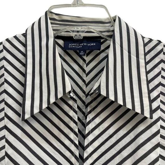 Jones New York Signature Women’s Black & White Striped Zip-Up Shirt Long Sleeve - Picture 2 of 13